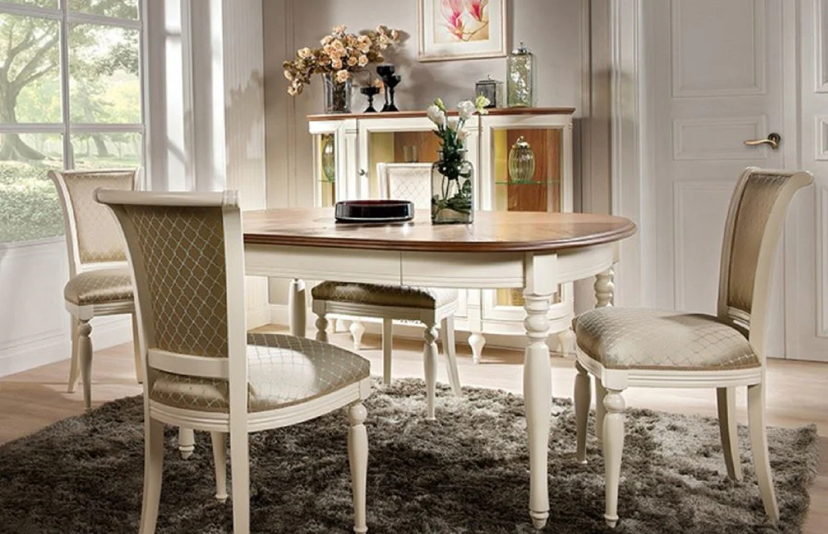 Luxury Art Nouveau dining table brown / cream 90-290 x 113 x H. 77.5 cm - Extendable solid wood dining room table - Baroque & Art Nouveau dining room furniture