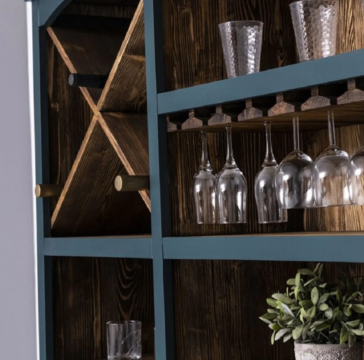 Country house style bar cabinet blue / dark brown 240 x 50 x H. 210 cm - Solid wood wine cabinet in country house style - Country house style furniture - Bar furniture in country house style - Country house style furnishings