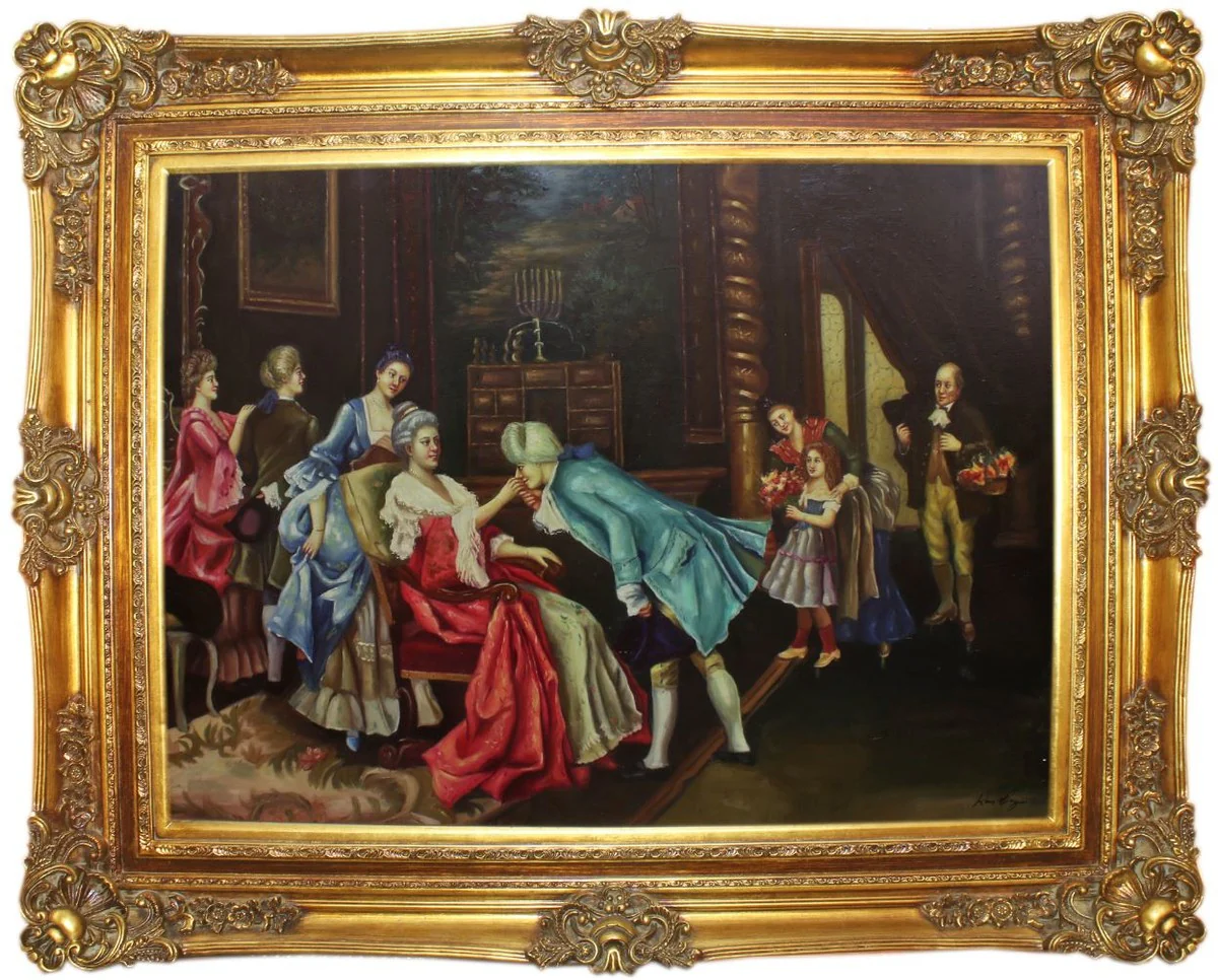 Baroque oil painting The Birthday Multicolored / Gold 160 x 10 x H. 130 cm - Hand-painted painting with a magnificent frame in the Baroque style - Wall decoration in the Baroque style
