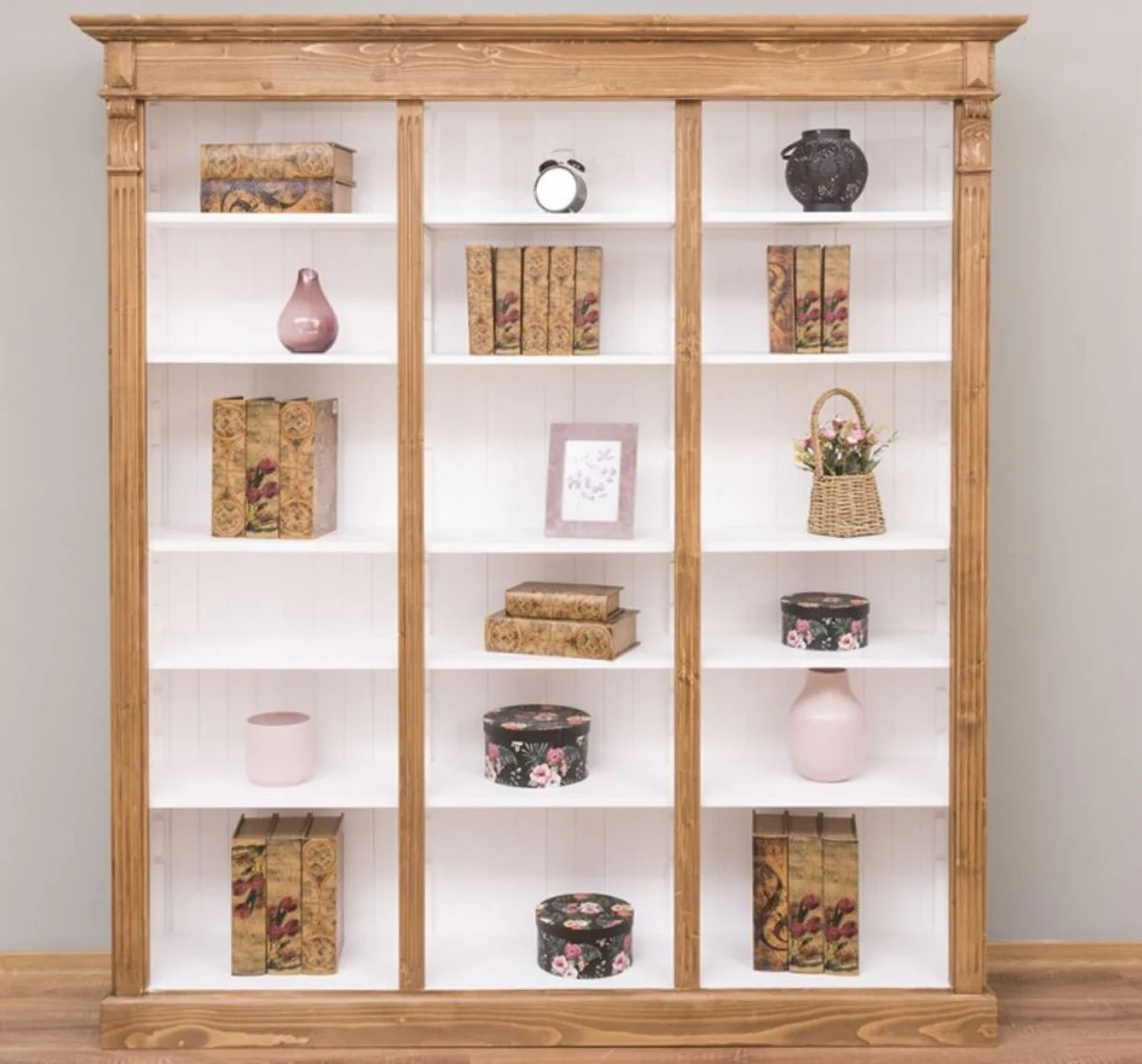 Country house style shelf cabinet light brown / white 180 x 39 x H. 197 cm - solid wood cabinet - bookcase - living room cabinet - office cabinet - country house style furniture