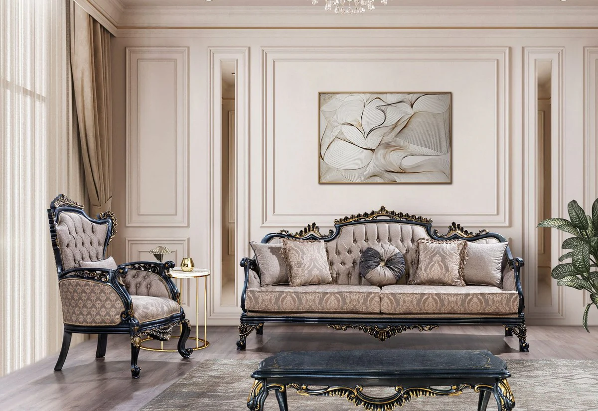 Luxury baroque sofa gray / blue / gold - baroque style living room sofa with elegant pattern - luxury living room furniture in baroque style - baroque furniture - baroque furnishings