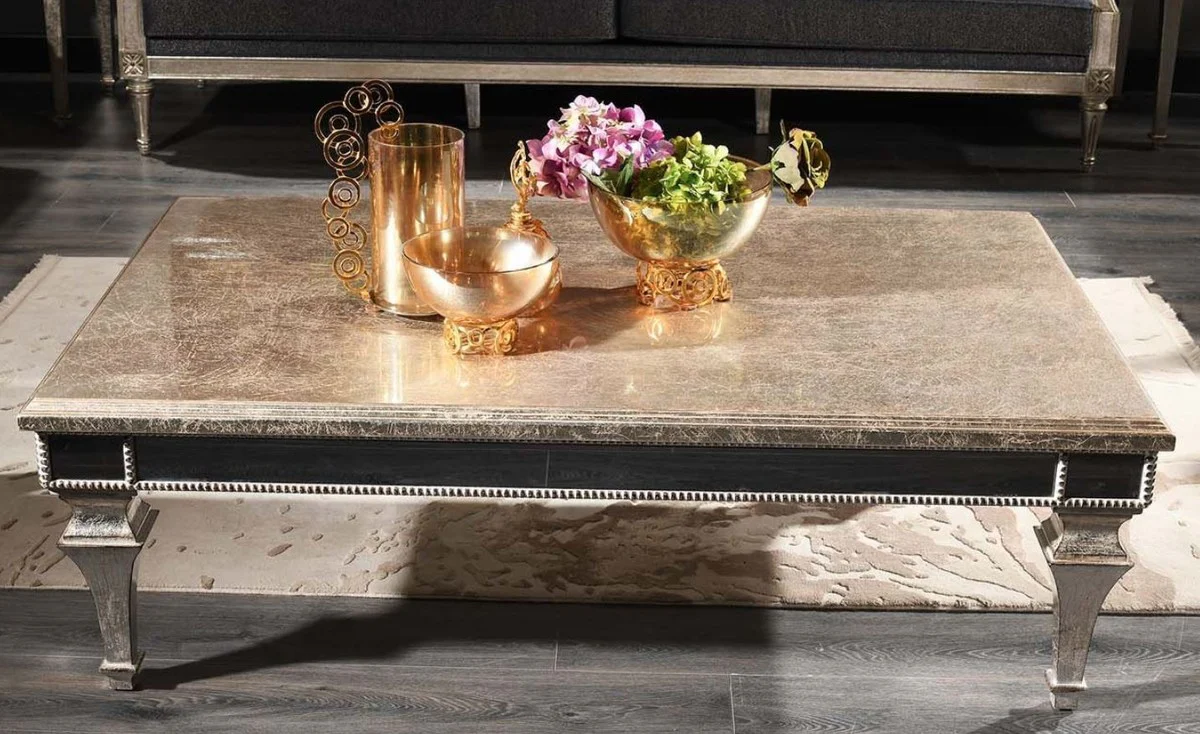 Luxury baroque coffee table antique silver 140 x 90 x H. 45 cm - noble solid wood living room table with mirror glass - luxury quality