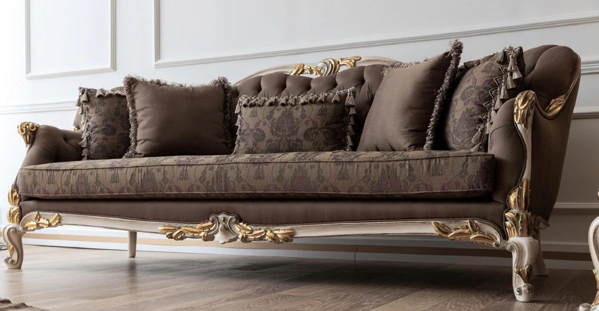 Luxury Baroque Sofa Brown/Cream/White/Gold - Handmade Living Room Sofa - Baroque Living Room Furniture