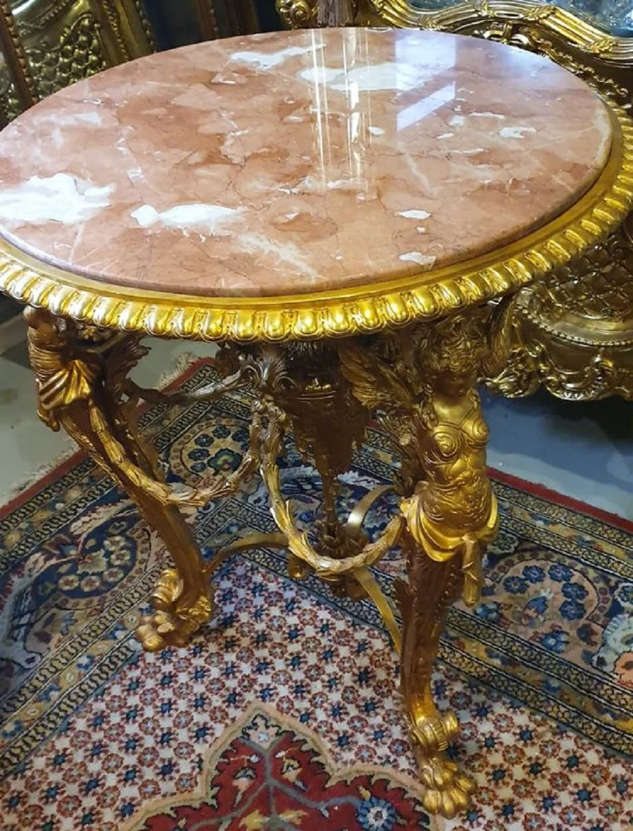 Luxury baroque side table gold / beige / brown - magnificent round bronze table with marble top - luxury furniture in baroque style - baroque style living room furniture - baroque furniture