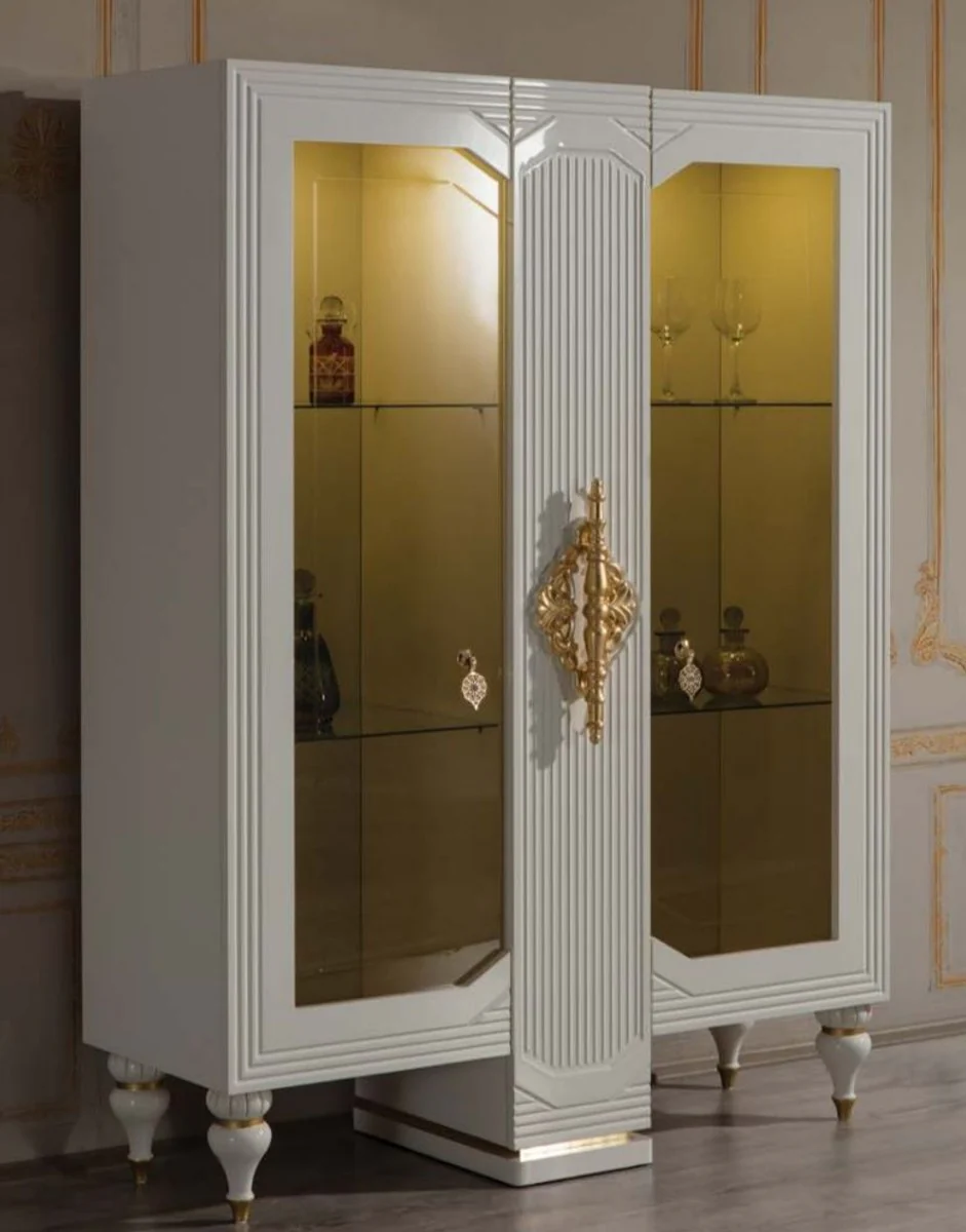 Luxury baroque display cabinet white / gold 125 x 49 x H. 169 cm - Illuminated solid wood display cabinet with 2 glass doors - Elegant baroque furniture