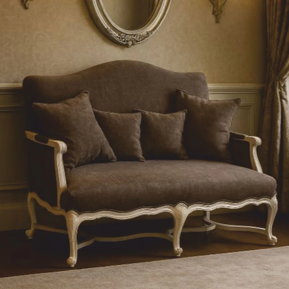 Luxury Baroque Sofa Dark Brown / White 150 cm - Baroque Living Room Furniture