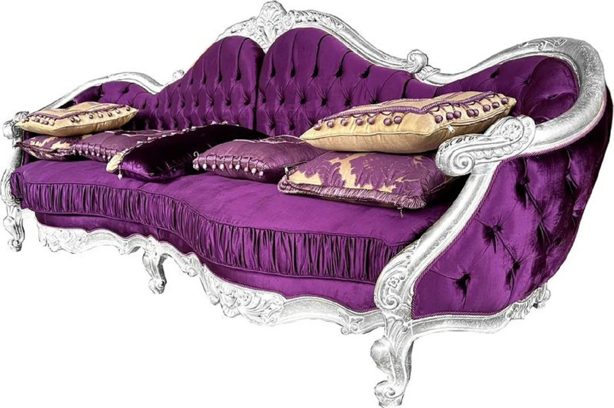 Luxury Baroque Sofa Purple / Silver - Handcrafted Living Room Sofa with Elegant Satin Fabric - Baroque Furniture - Noble & Magnificent