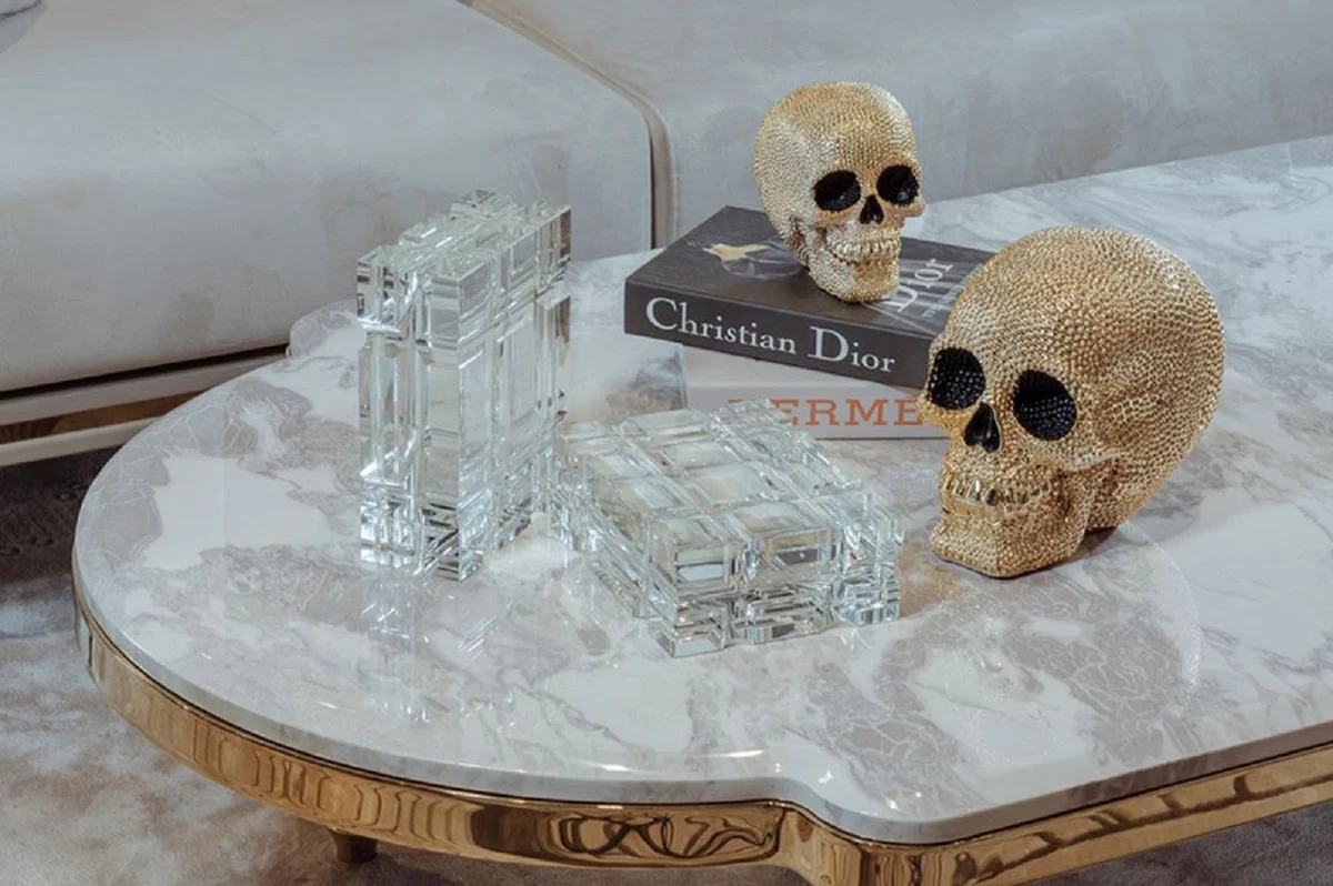 Luxury Art Deco coffee table gray / white / gold 160 x 87 x H. 46 cm - Magnificent solid wood living room table with artificial marble table top - Art Deco living room furniture