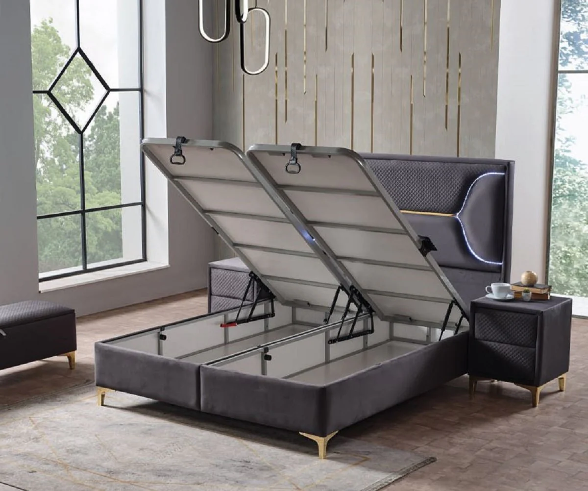 Luxury double bed purple / white / gold 180 x 200 cm - solid wood bed with LED lighting and mattress - bedroom furniture - hotel furniture - luxury furniture - luxury furnishings