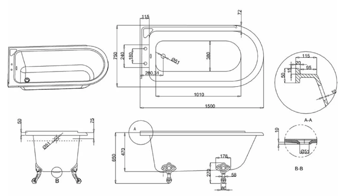 Luxury Art Nouveau bathtub white / white 150 x 75 x H. 65 cm - Freestanding retro acrylic bathtub - Nostalgic retro bathroom furniture