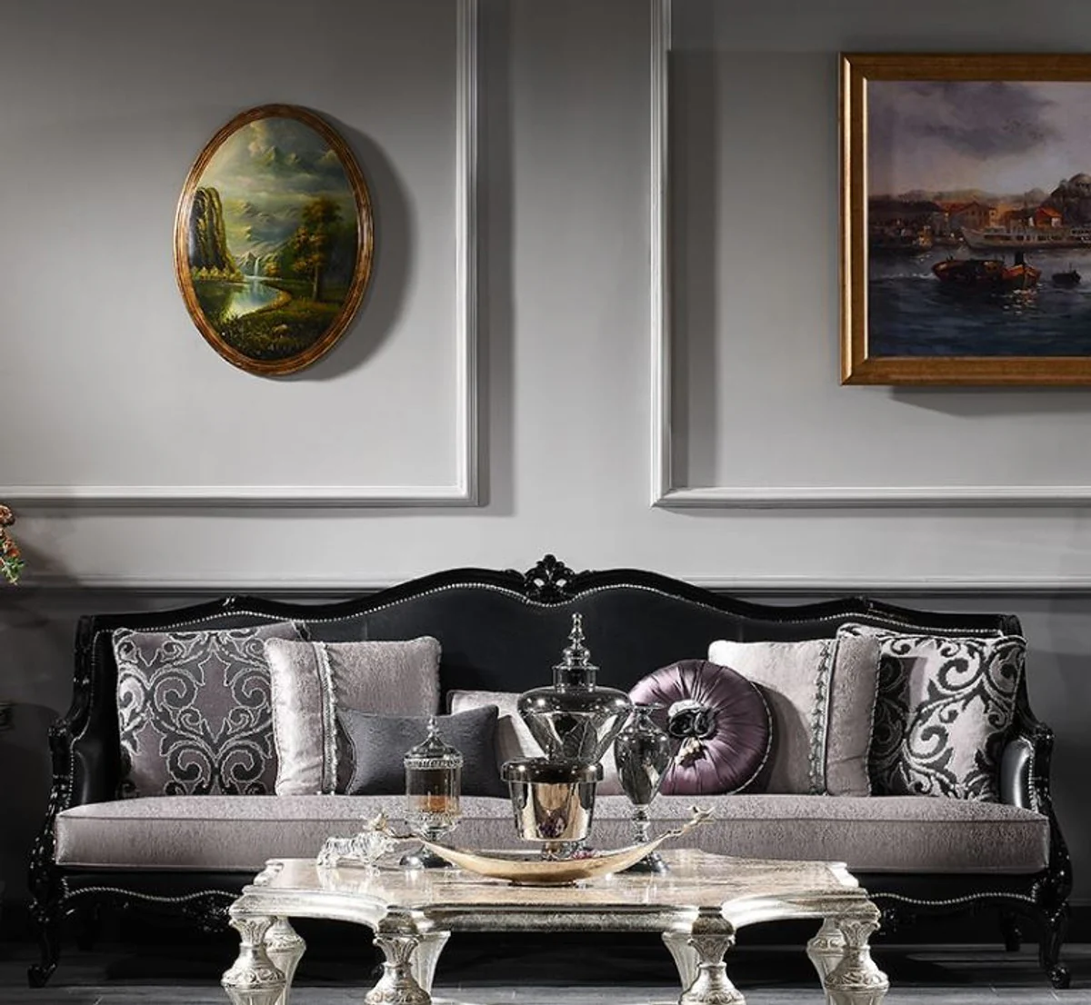 Luxury baroque living room sofa silver / black 260 x 90 x H. 95 cm - noble & magnificent