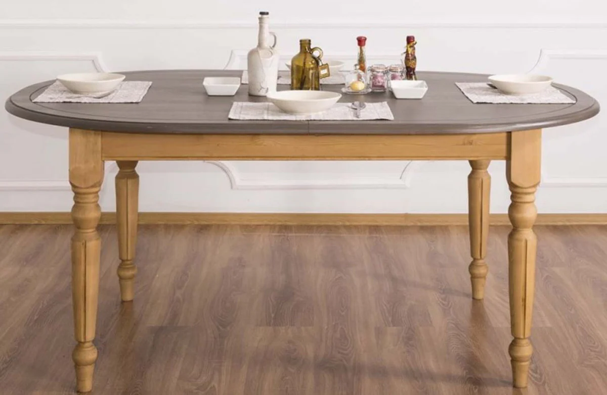 Country house style dining table gray / light brown 180 x 120 x H. 78 cm - Oval solid wood kitchen table with oak table top