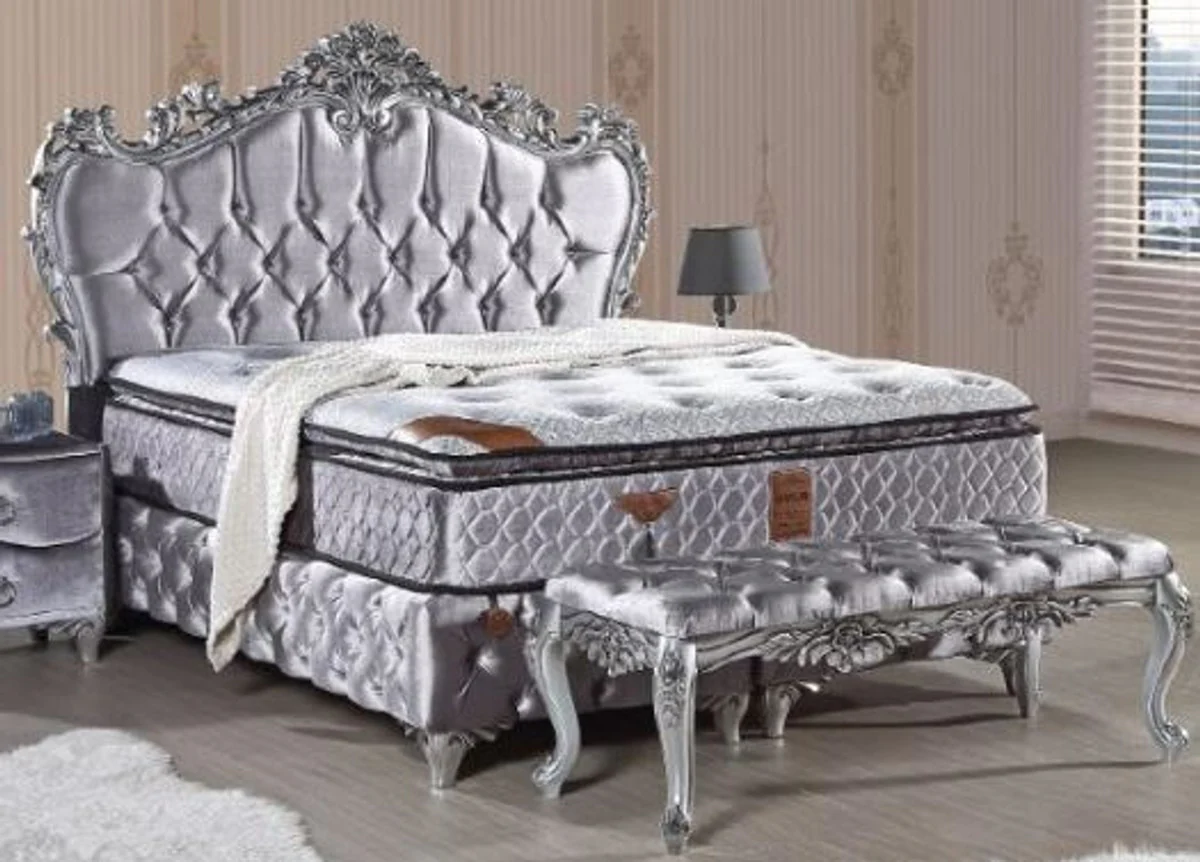 Baroque double bed silver - magnificent velvet bed with rhinestones and mattress - baroque bedroom furniture