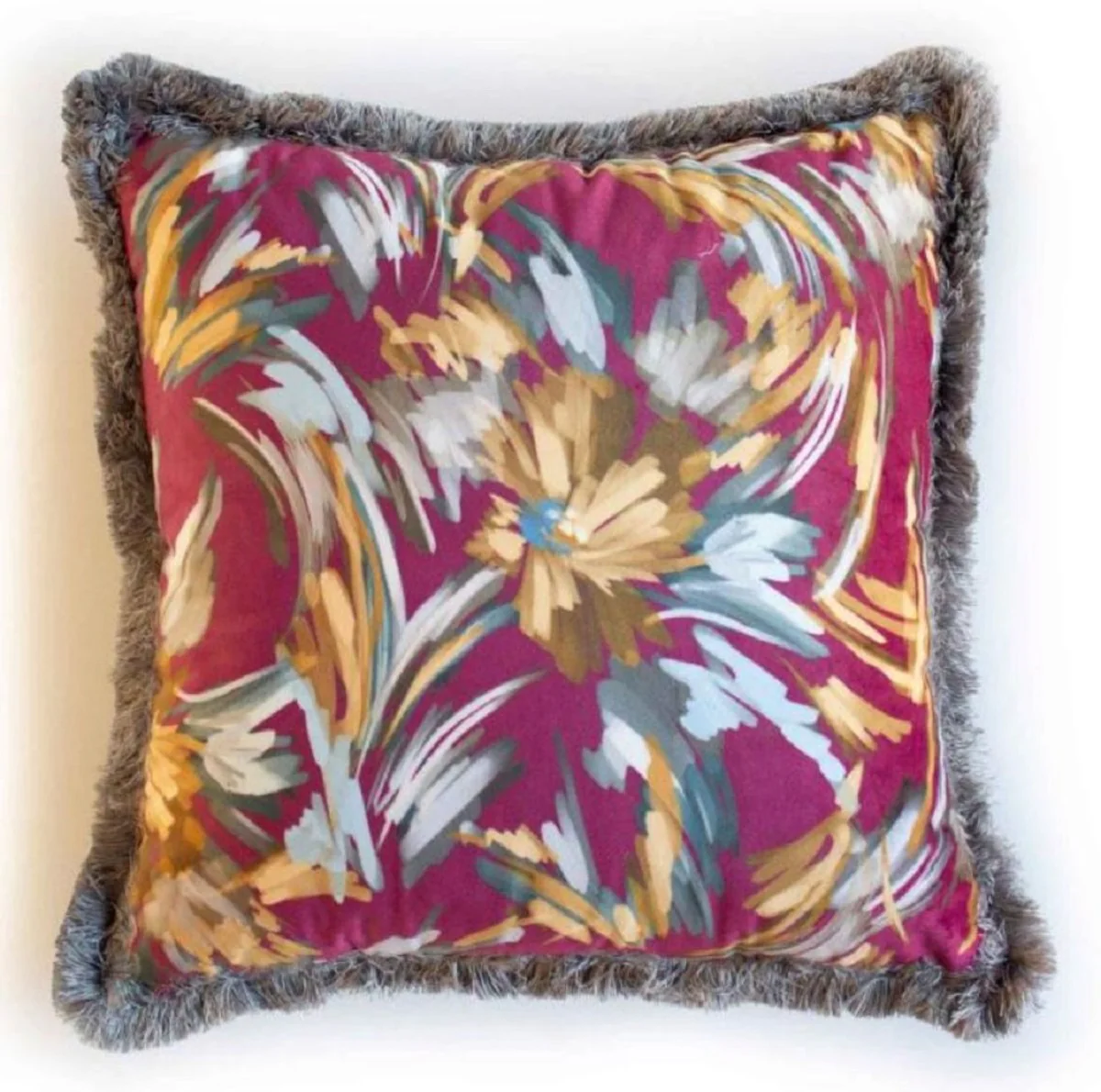 Luxury decorative cushion flowers design red / multicolored / gray 45 x 45 cm - printed velvet cushion with fringes - decorative accessories