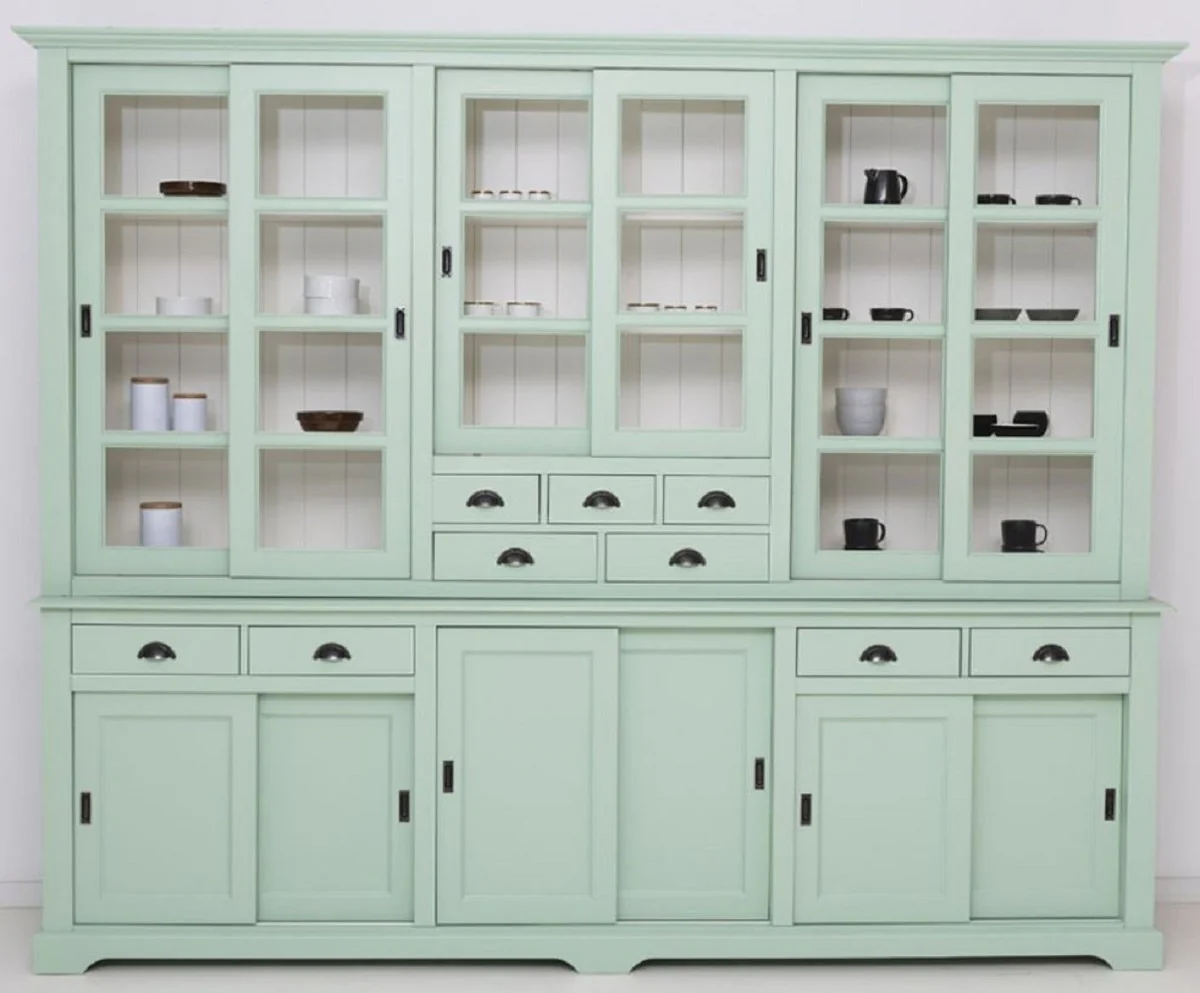 Country house style dining room cabinet mint green / white 280 x 55 x H. 225 cm - solid wood kitchen cabinet - dining room furniture in country house style - country house style dining room furnishings