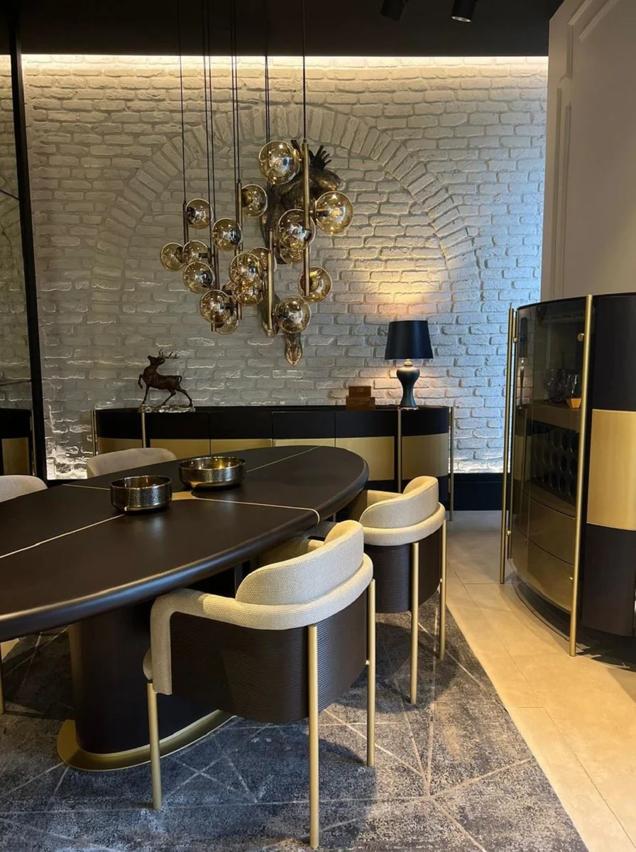 Luxury bar cabinet dark brown / brass 128 x 47 x H. 150 cm - Illuminated solid wood wine cabinet with 4 doors - Living room furniture - Bar furniture - Hotel furniture - Luxury collection