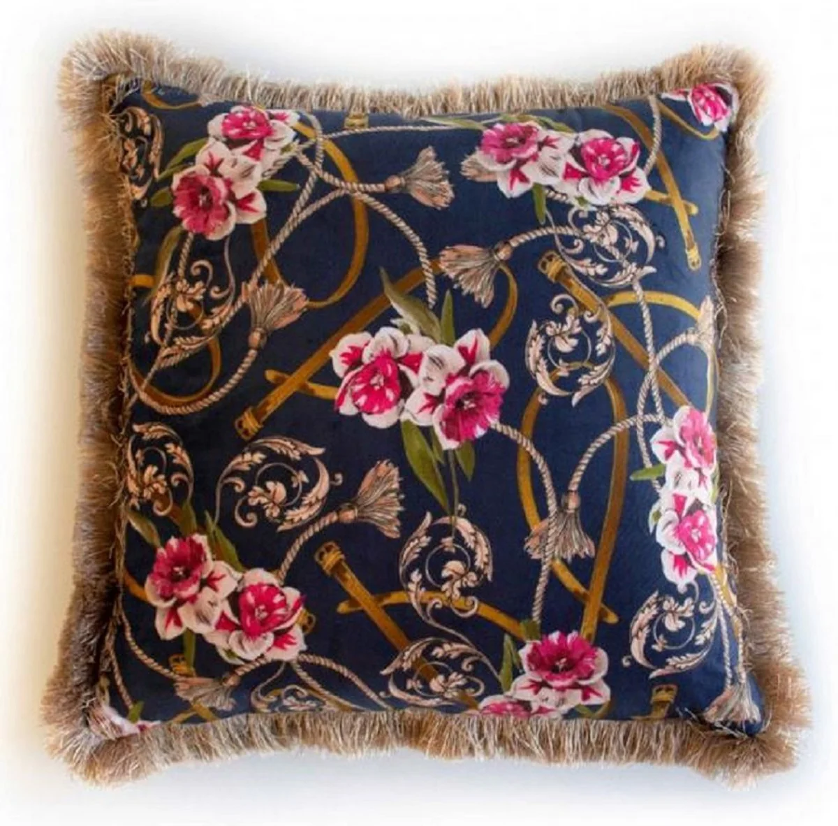Luxus Deko Kissen Barock Blumen Design Blau / Mehrfarbig / Braun 45 x 45 cm - Bedrucktes Samt Kissen mit Fransen - Deko Accessoires