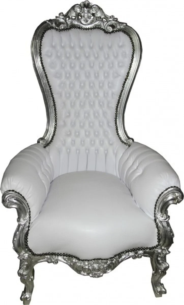 Barock Thron Sessel Majestic Medium Weiß Lederoptik /Silber - Riesensessel - Thron Stuhl Tron