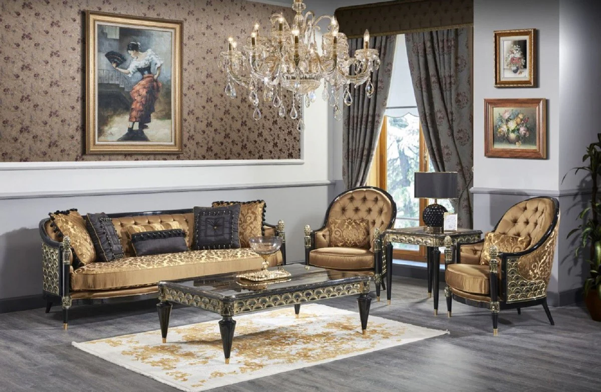 Luxus Barock Wohnzimmer Set Gold / Schwarz - 2 Sofas & 2 Sessel & 1 Couchtisch & 2 Beistelltische - Prunkvolle Barock Möbel - Luxus Qualität