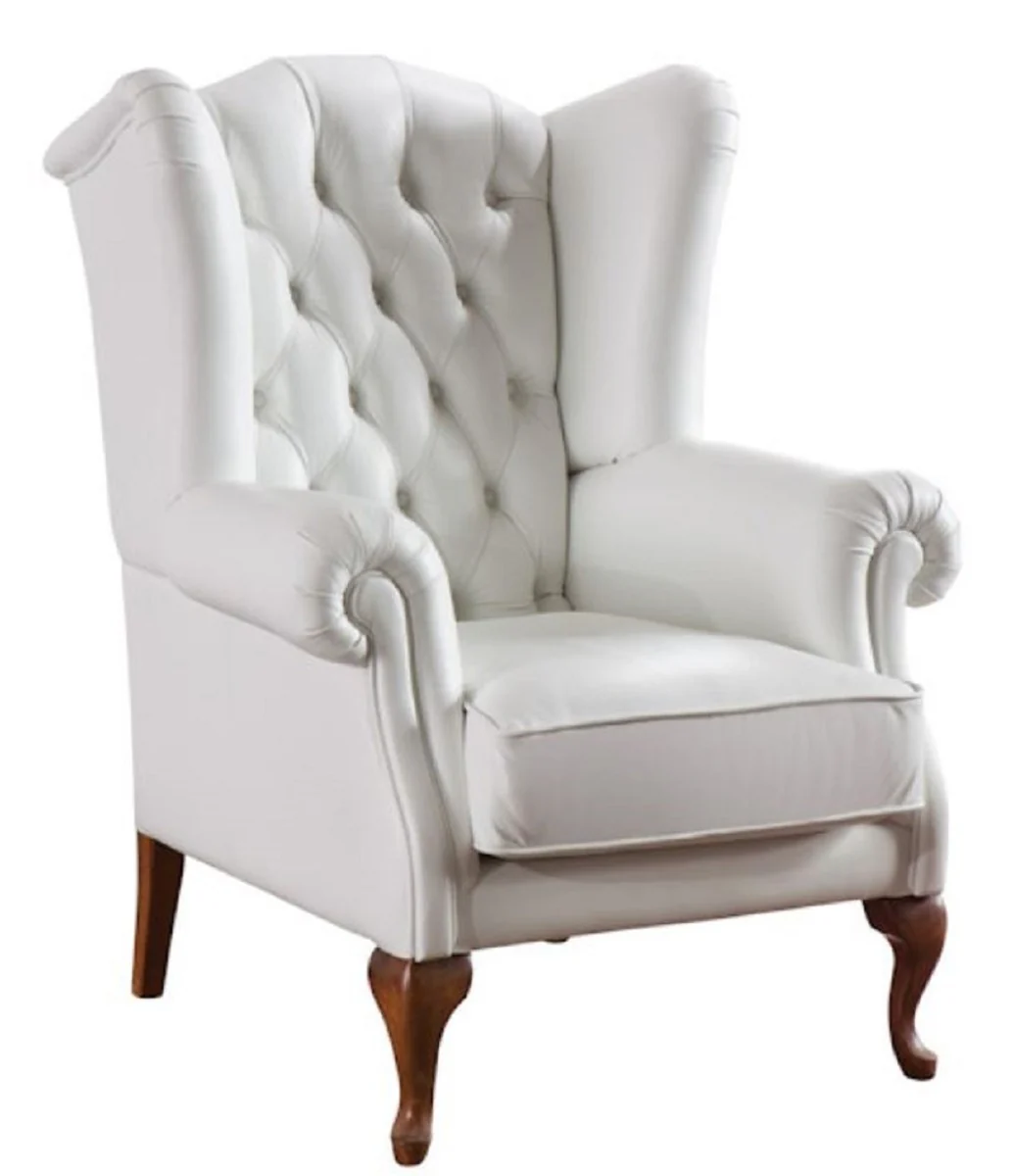 Luxury Art Deco Chesterfield leather wing chair white / brown 79 x 90 x H. 108 cm - living room furniture