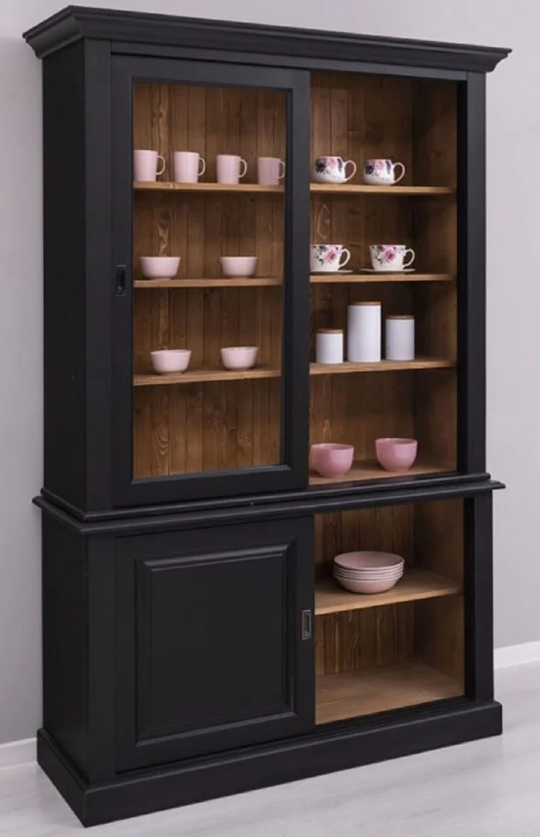 Country house style dining room cabinet black / brown 141 x 48 x H. 212 cm - solid wood cabinet with 4 sliding doors - country house style solid wood dining room furniture