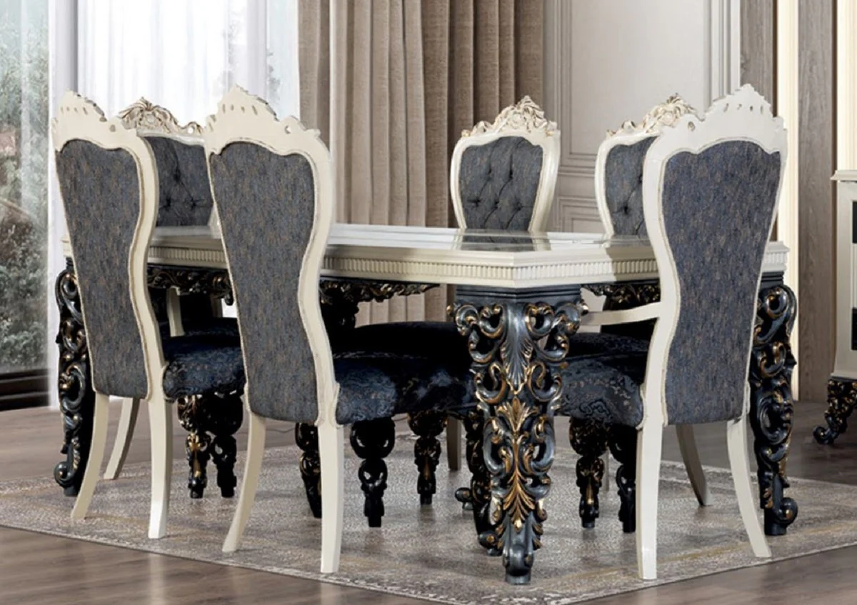 Luxury Baroque Dining Room Set Blue / White / Bronze / Gold - 1 Baroque Dining Table & 6 Baroque Dining Room Chairs - Baroque Dining Room Furniture - Luxury Furniture in Baroque Style - Noble & Magnificent