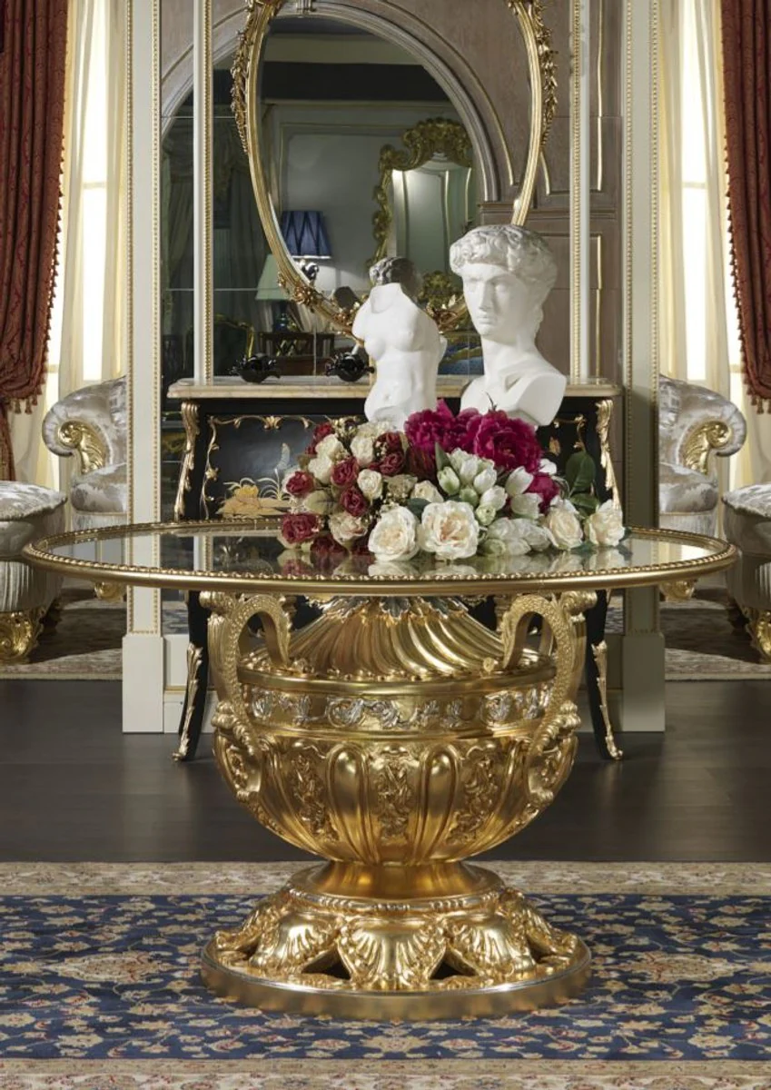 Luxury baroque dining table gold / silver Ø 120 x H. 78 cm - Magnificent hand-carved dining room table with glass top - Hotel Restaurant Castle Furniture - Luxury Quality - Made in Italy