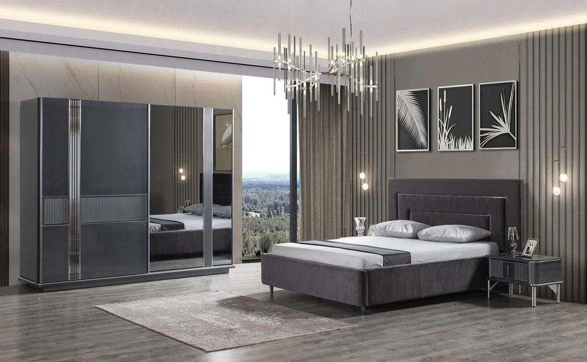 Luxury bedroom wardrobe gray / black / silver 260 x 72 x H. 218 cm - Elegant solid wood wardrobe with 2 sliding doors - Luxury bedroom furniture