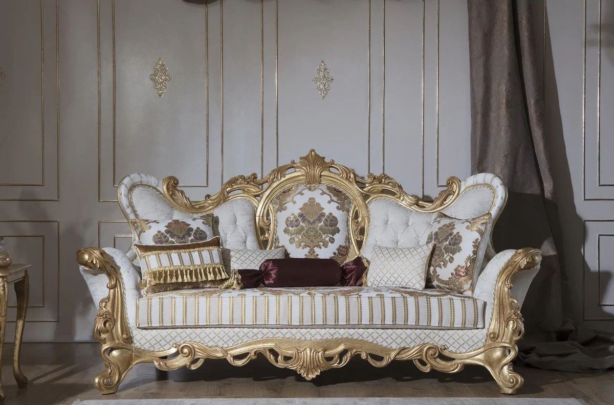 Luxury baroque sofa white / gold 248 x 108 x H. 122 cm - Living room sofa with elegant pattern and decorative pillows - Magnificent baroque furniture