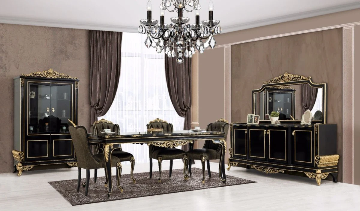 Luxury Baroque Dining Room Set Black / Gold - 1 Dining Room Table & 6 Dining Chairs - Noble Baroque Dining Room Furniture - Noble & Magnificent