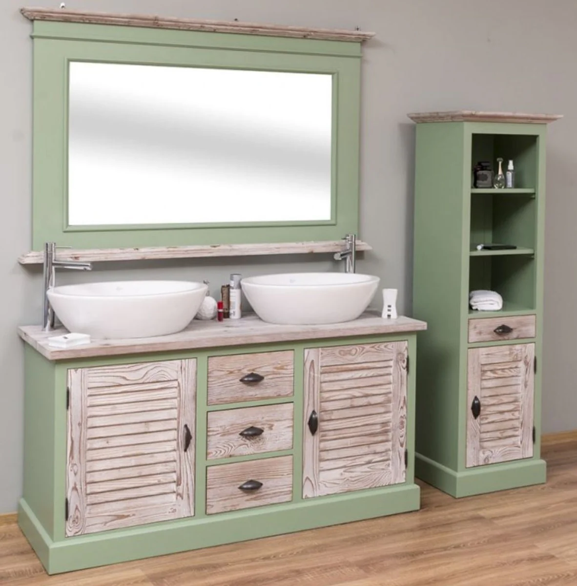 Country house style bathroom set green / natural colors - 1 double washbasin & 1 wall mirror & 1 shelf cabinet - solid wood bathroom furniture in country house style