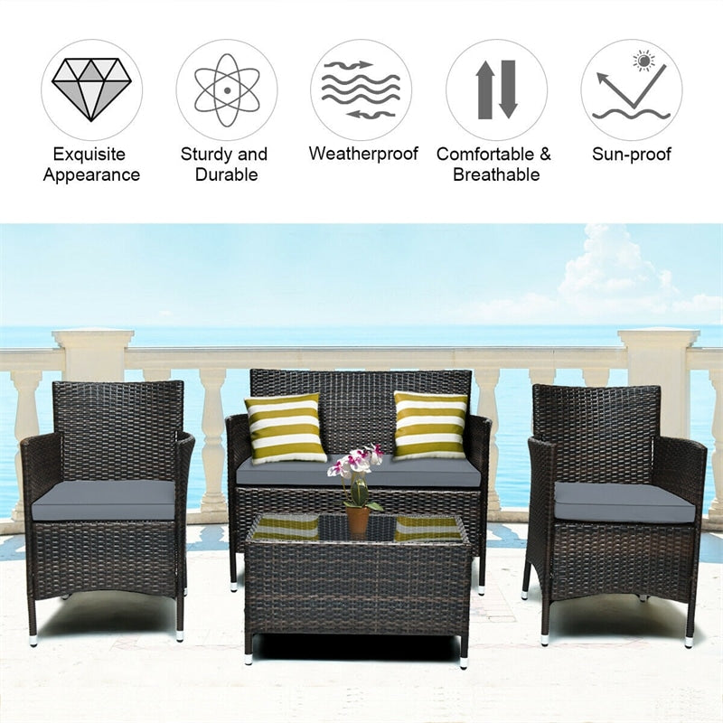 4 Pcs Outdoor Rattan Patio Conversation Set Wicker Furniture Set with Coffee Table and Cushion Sofas