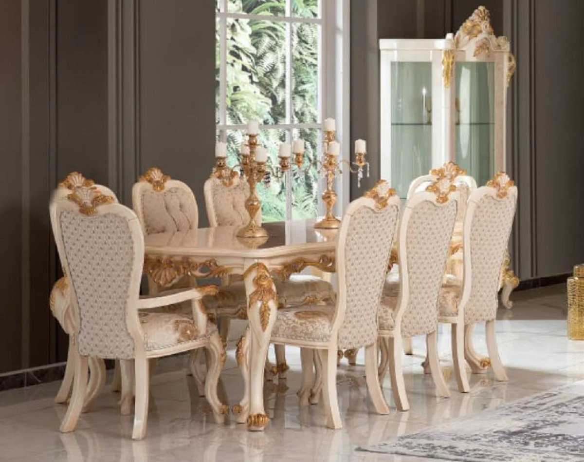 Luxury baroque dining room set white / gold - 1 dining table & 8 dining chairs - magnificent dining room furniture in the baroque style