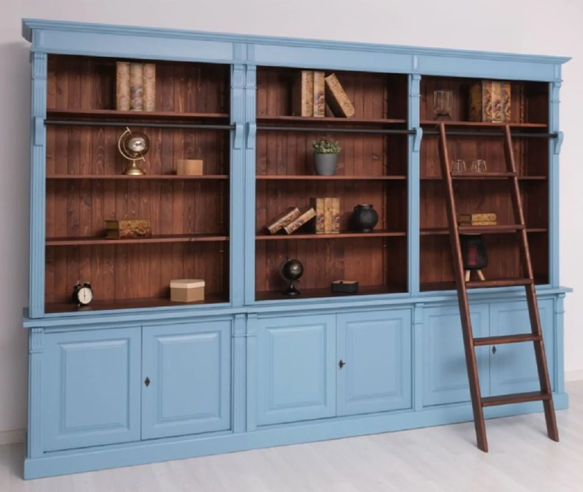 Country house style bookcase with ladder light blue / dark brown 223 x 51 x H. 228 cm - solid wood cabinet - living room cabinet - shelf cabinet - office cabinet - country house style furniture