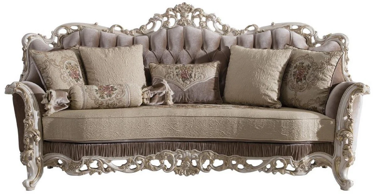 Luxury baroque living room sofa with decorative pillows brown / beige / white / gold 240 x 90 x H. 120 cm - Noble baroque living room furniture