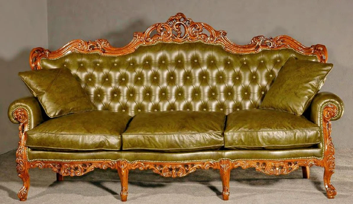 Luxury Baroque Leather Sofa Green / Brown - Magnificent living room sofa with high-quality genuine leather - Baroque living room & hotel furniture - Luxury quality - Made in Italy