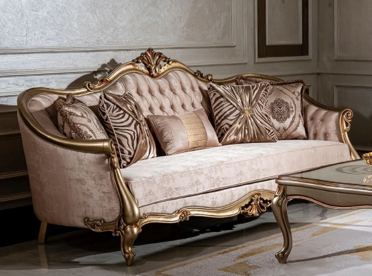 Luxus Barock Wohnzimmer Set Rosa / Gold - 2 Sofas & 2 Sessel & 1 Couchtisch - Handgefertigte Wohnzimmer Möbel im Barockstil - Edel & Prunkvoll