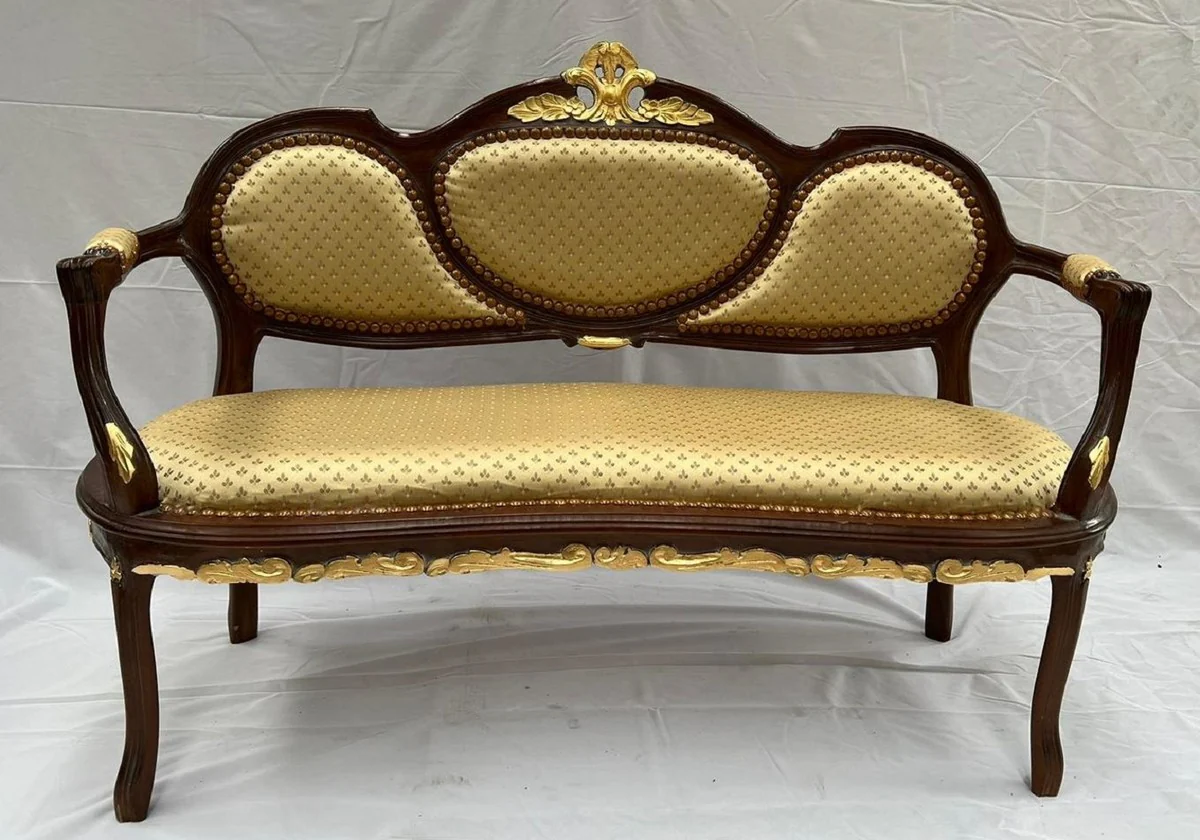 Barock Sitzbank mit Armlehnen Gold / Dunkelbraun - Gepolsterte Massivholz Bank - Handgefertigte Barock Möbel - Edel & Prunkvoll