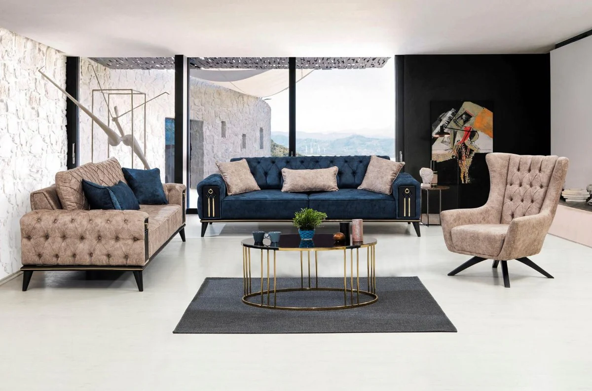 Luxury Chesterfield sofa bed beige / black / gold 220 x 90 x H. 80 cm - Modern living room sofa - Chesterfield living room furniture