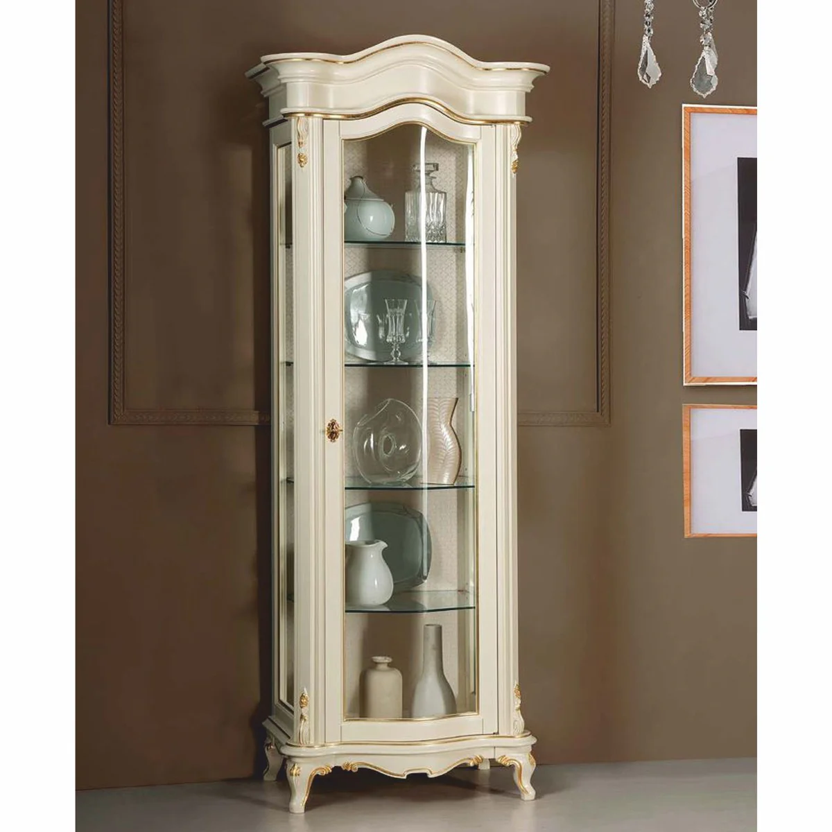 Luxus Barock Vitrine Creme / Gold H. 205 cm - Barock Möbel - Made in Italy
