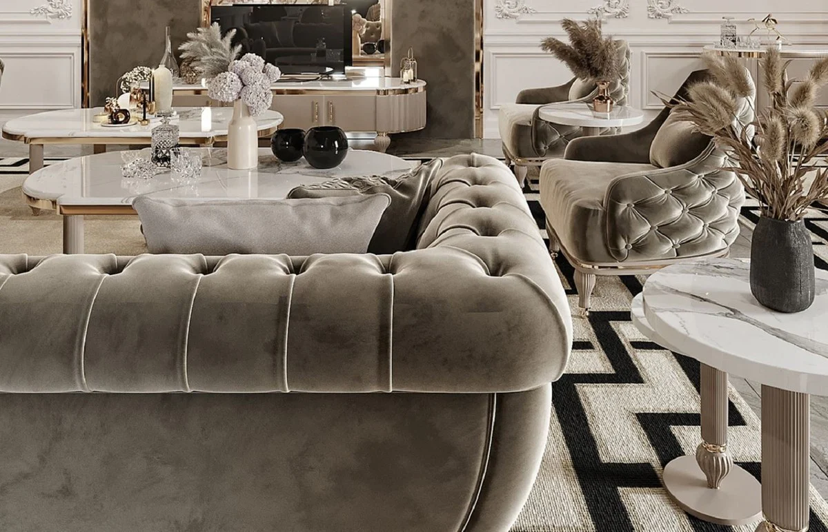 Luxury Art Deco Chesterfield Sofa Gray / Gold - Magnificent Living Room Sofa - Art Deco Living Room Furniture