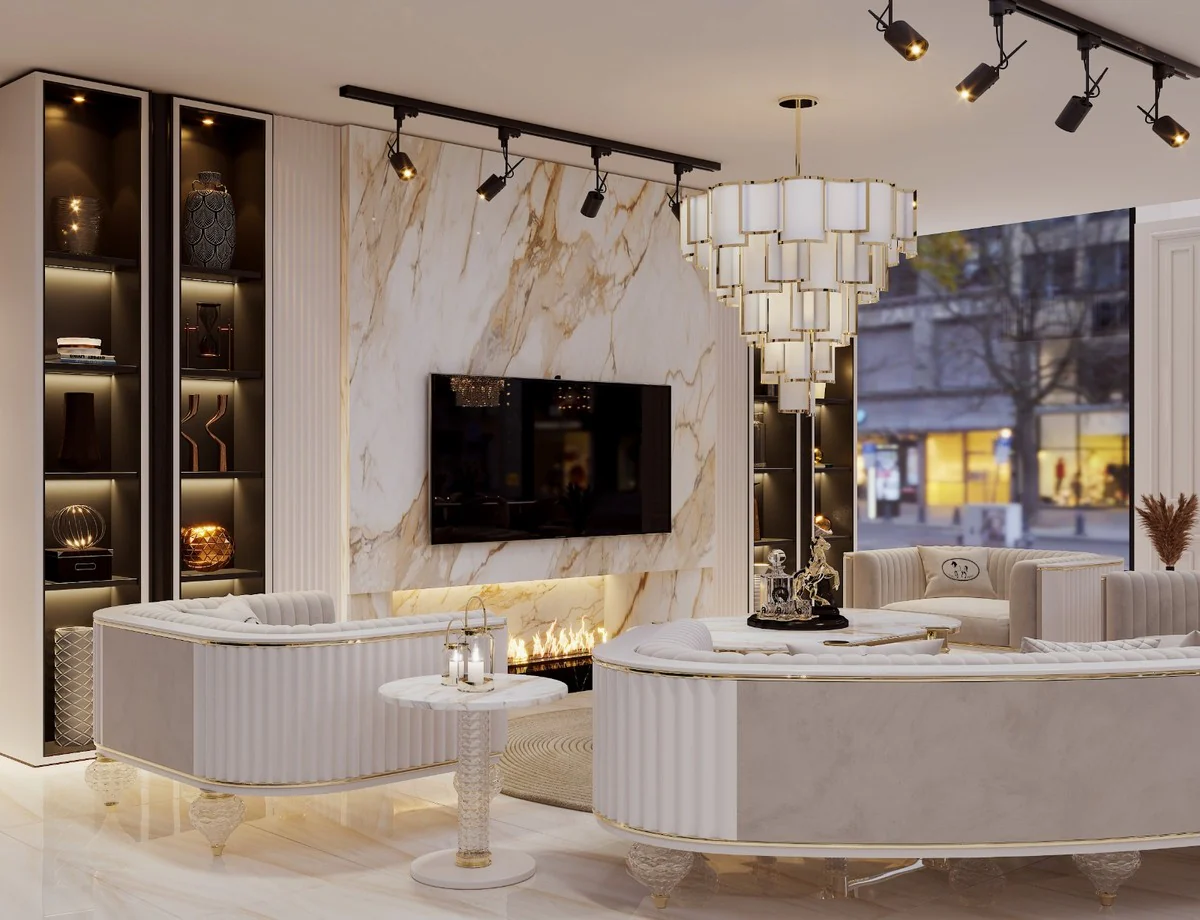 Luxury Art Deco 4 seater sofa gray / white / gold 400 cm