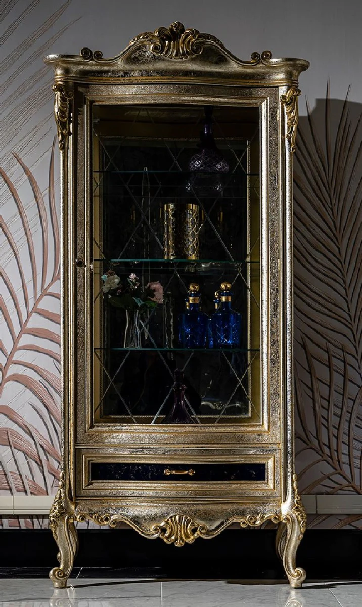 Luxury baroque display cabinet silver / black / gold - magnificent baroque style display cabinet with glass door and drawer - handmade baroque furniture - noble and magnificent