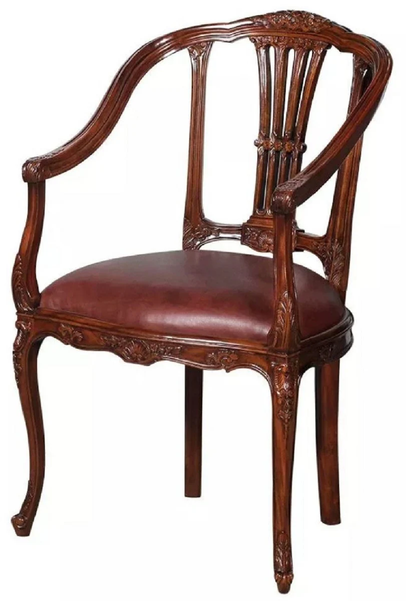 Luxury Baroque Leather Dining Room Chair Set of 4 with Armrests Brown - Magnificent Baroque Style Real Leather Kitchen Chairs - Luxury Baroque Dining Room Furniture - Noble & Magnificent