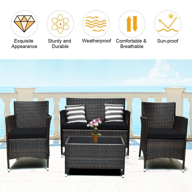 4 Pcs Outdoor Rattan Patio Conversation Set Wicker Furniture Set with Coffee Table and Cushion Sofas