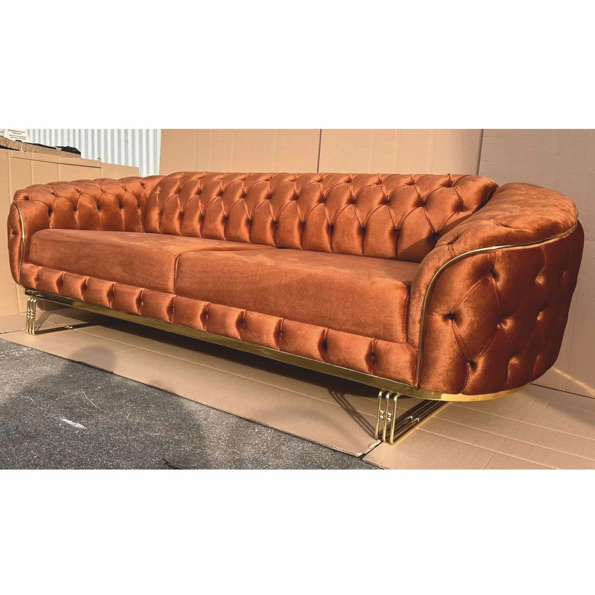 Luxury Chesterfield Velvet Sofa Brown / Gold 240 cm - Luxury Furniture