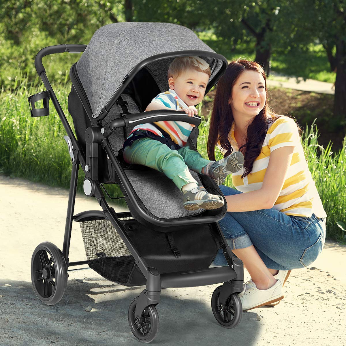 Kinderwagen, umwandelbarer Hochformat-Kinderwagen mit Stubenwagen, verstellbares Verdeck und Rückenlehne, Aufbewahrungskorb, Getränkehalter, faltbarer Kinderwagen für Neugeborene (Rosa)