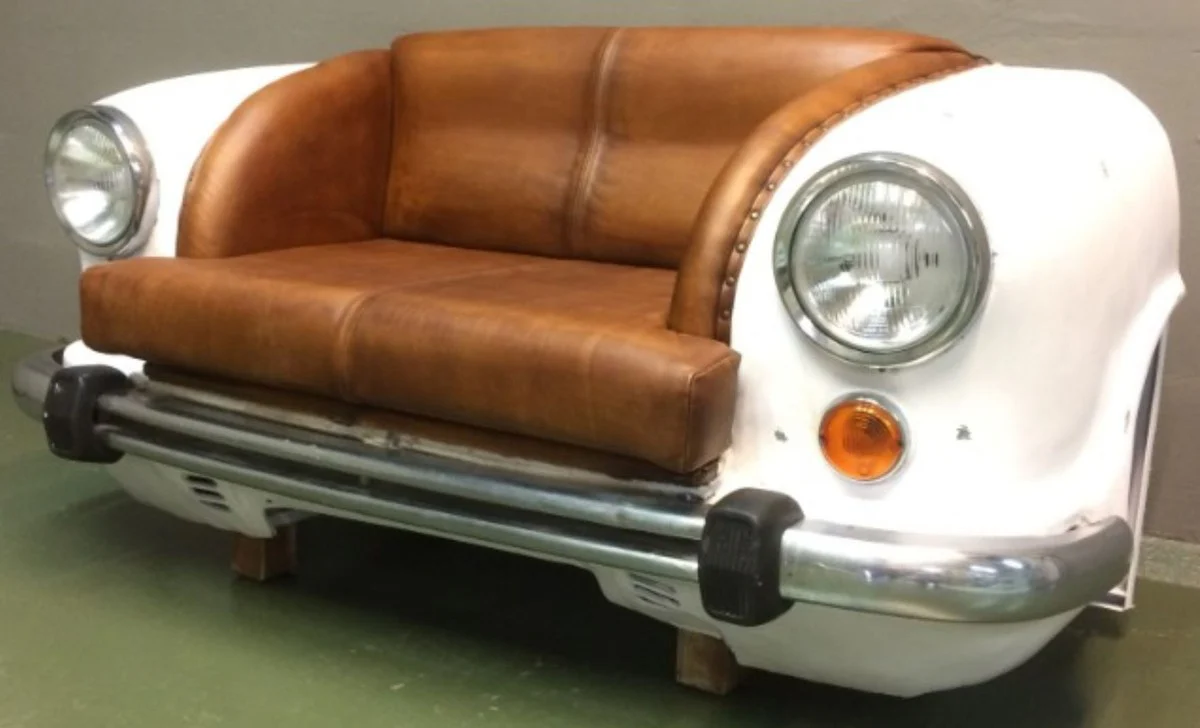 Designer car sofa cognac colors / white / silver 158 x 70 x H. 83 cm - living room sofa in car design - living room car furniture