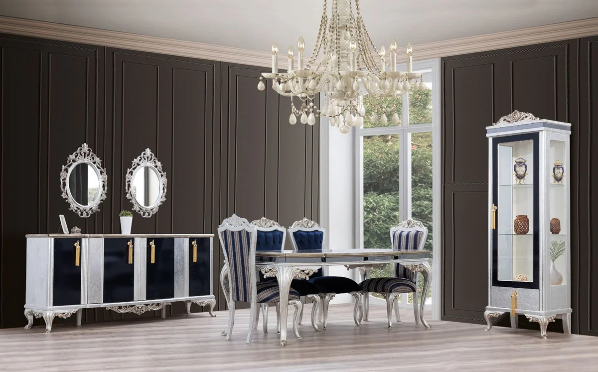 Luxury Baroque Dining Room Set Blue / Silver - 1 Dining Table & 6 Dining Chairs - Handcrafted Baroque Dining Room Furniture