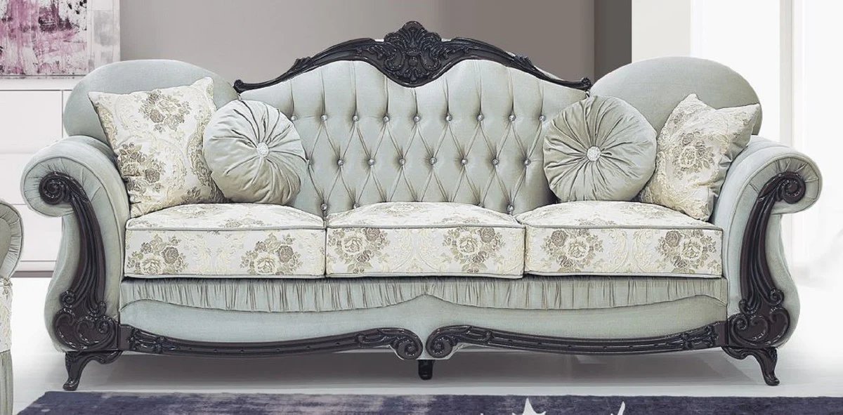 Luxury Baroque Sofa Green Gray / Cream / Dark Brown - Magnificent Living Room Sofa with Elegant Pattern and Glitter Stones - Baroque Style Living Room Furniture - Baroque Furniture - Noble & Magnificent